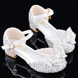 Girls' high heels soft bottom children's princess shoes middle and big children host banquet dress performance leather shoes Girls' Crystal Shoes