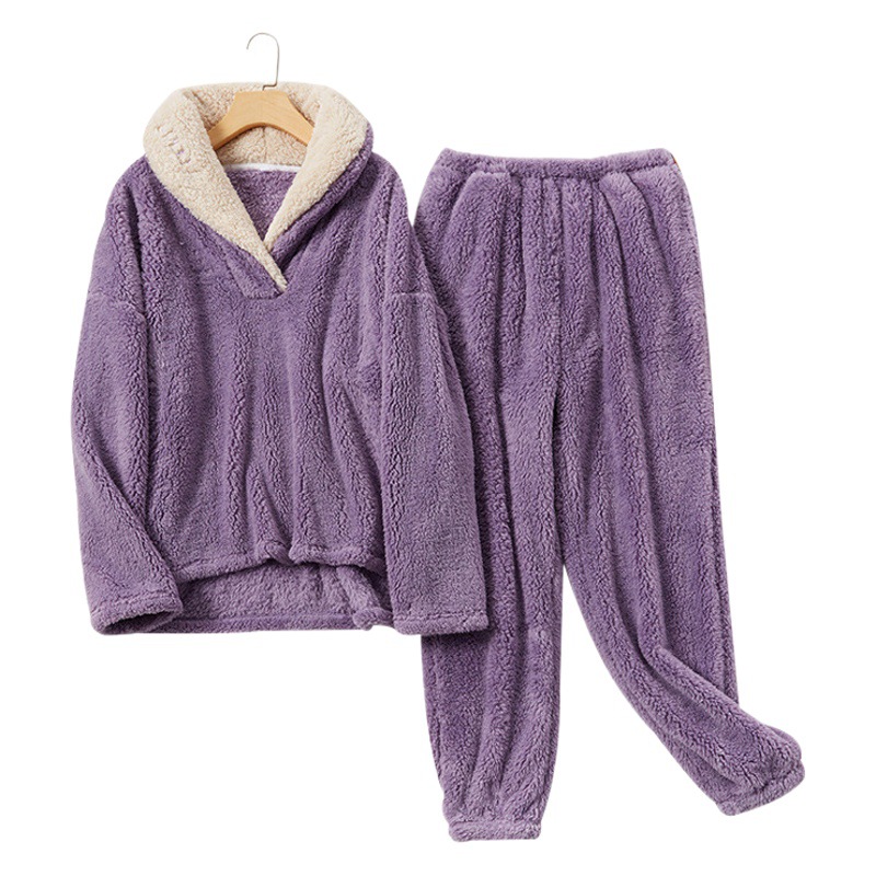 Pijamas de invierno transfronterizos pijamas de lana de coral para mujer, servicio a domicilio grueso de gran tamaño, solapa para mujer, conjunto de pijamas sueltos para mujer