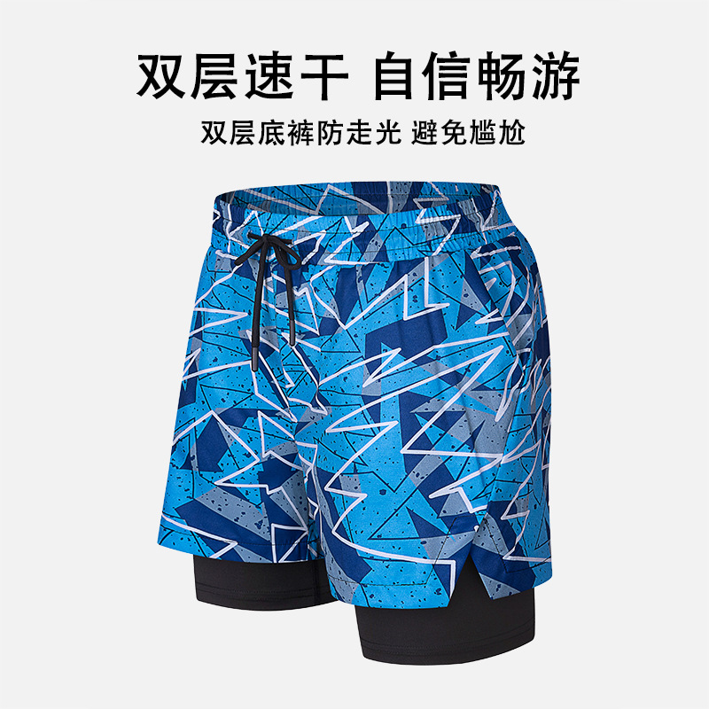 Pantalones cortos deportivos transfronterizos de secado rápido pantalones cortos de dos piezas falsos de los hombres bañador de doble capa anti-exposición pantalones de playa impresos elásticos