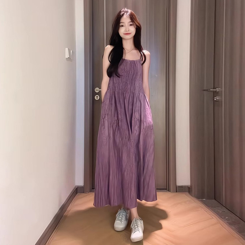 压褶扎染紫色吊带连衣裙女2025早秋新款西装外套休闲两件套A5783|undefined