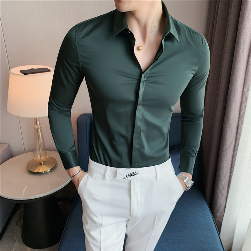 Wholesale Korean Style Men's Long-Sleeved Shirts, Fashionable Hidden Placket Slim Fit Non-Iron Shirts, Dark Green Fleece-Lined Warm Shirts Wholesale Korean Style Men's Long-Sleeved Shirts, Fashionable Hidden Placket Slim Fit Non-Iron Shirts, Dark Green Fleece-Lined Warm Shirts