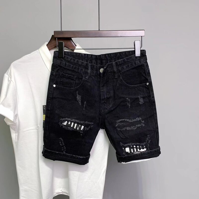 Black Ripped Jeans for Men, Summer Youth Straight Loose Trendy Korean Style Denim Shorts for Men 2026 Black Ripped Jeans for Men, Summer Youth Straight Loose Trendy Korean Style Denim Shorts for Men 2026