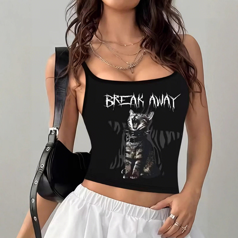 Ziyan Cross-Border In-Stock Punk Style Hot Girl Tank Top with Black Cat Skull Print, Short Sexy Slim-Fit Camisole for Women