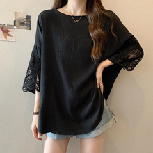 高级感大码别致蕾丝拼接短袖T恤衫300斤胖MM夏装宽松中长款上衣女