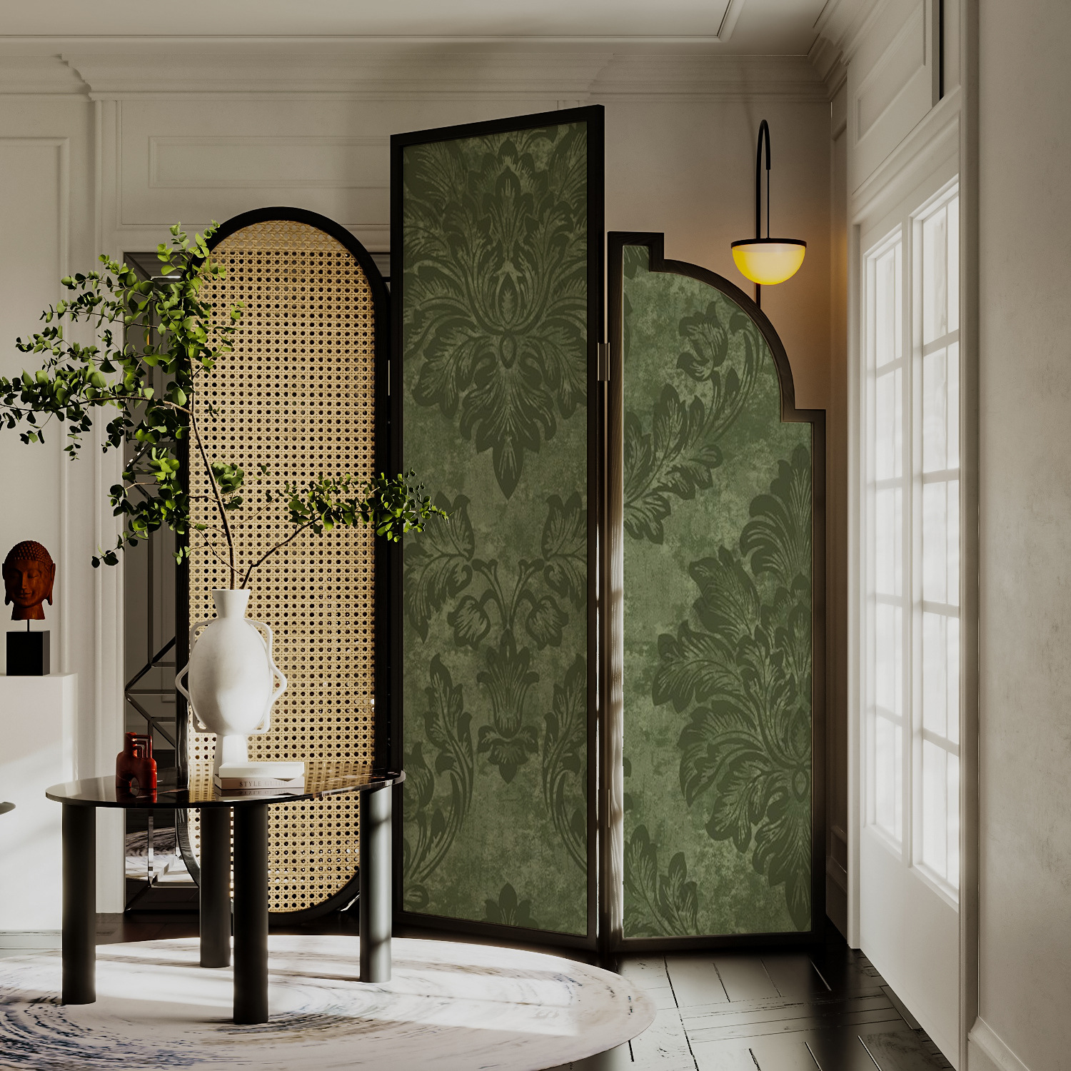 French-Style Retro Solid Wood Screen Partition Wall for Living Room, Simple Home Sofa Background Wall, Mobile Folding Entrance Screen