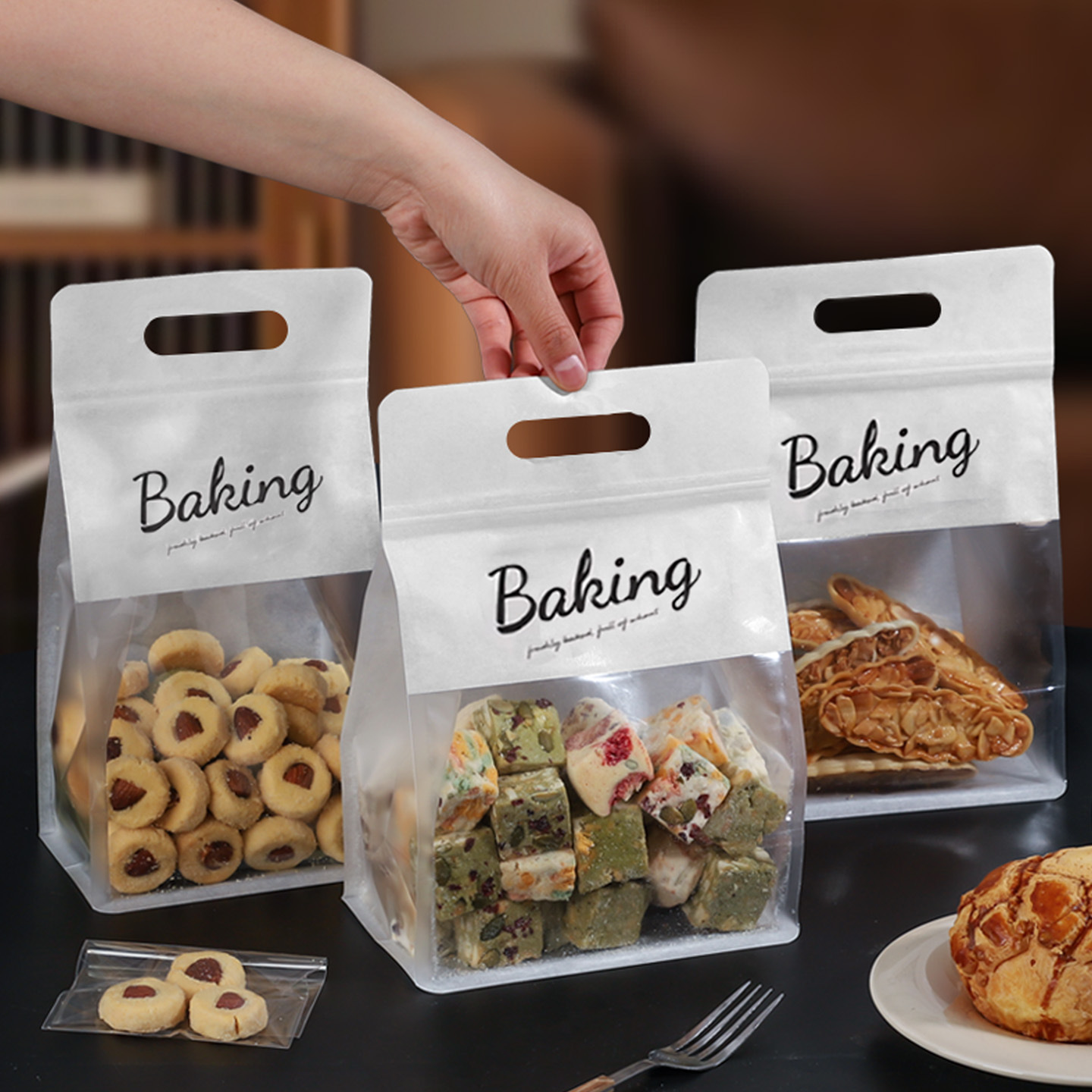 雪花酥透明包装袋定制曲奇饼干拉链式手提自密封袋子糖果零食自立