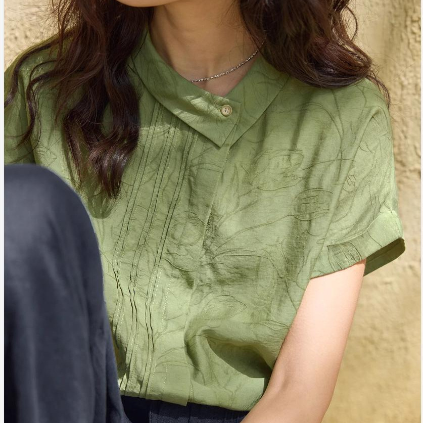 Áo sơ mi nữ linen họa tiết jacquard cổ ve không đối xứng tay ngắn — Mây trắng, Xanh lông mòng tre