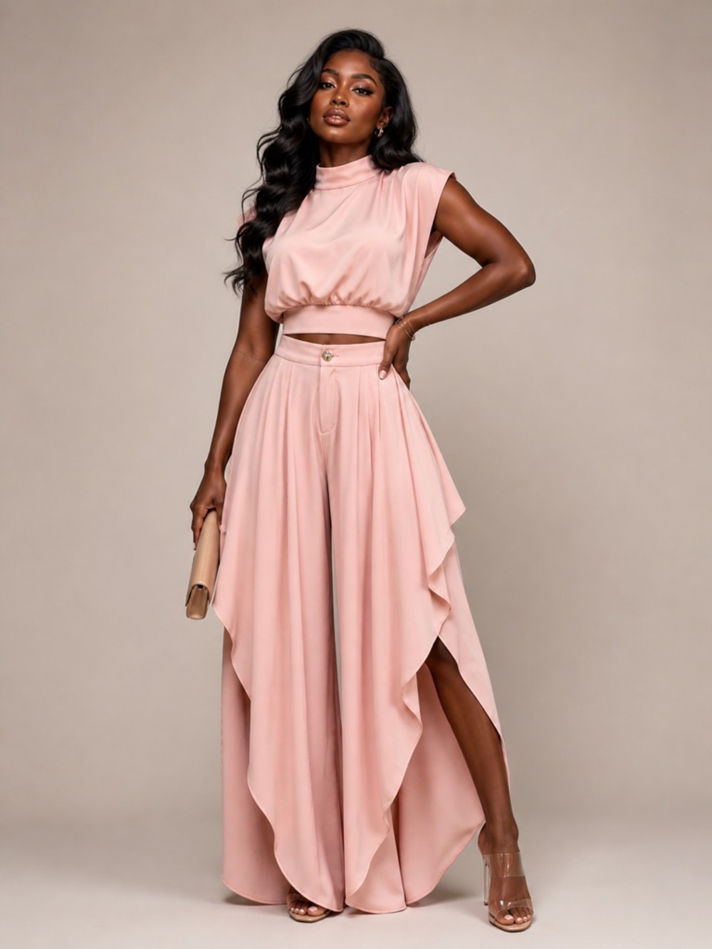 French Style Women's Niche Sleeveless Two Piece Set High Neck Cropped Top Irregular Ruffles Wide Leg Pants_ecoleips.com
