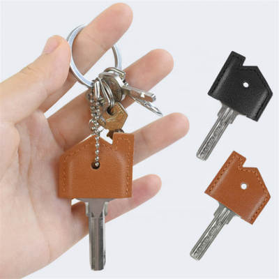 Simple PU leather key leather case can be marked classified key protective case House shape key chain hanging case