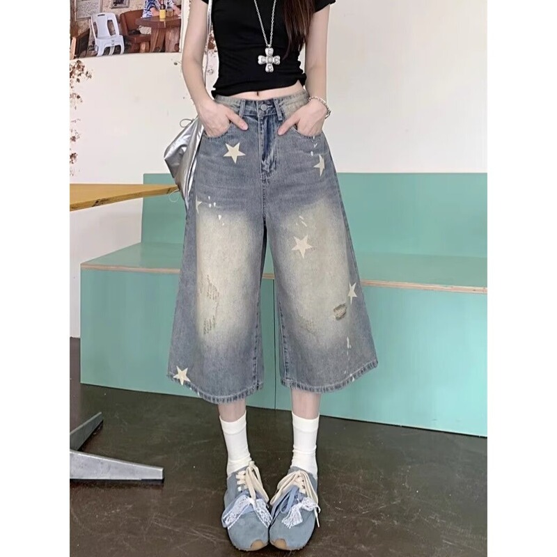 Vintage Style Distressed Star Print Denim Shorts for Women, Summer Thin High-Waisted Loose Wide-Leg Cropped Pants