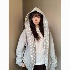 美式高街印花开衫连帽卫衣女春秋季2025新款韩系慵懒风外套棒球服