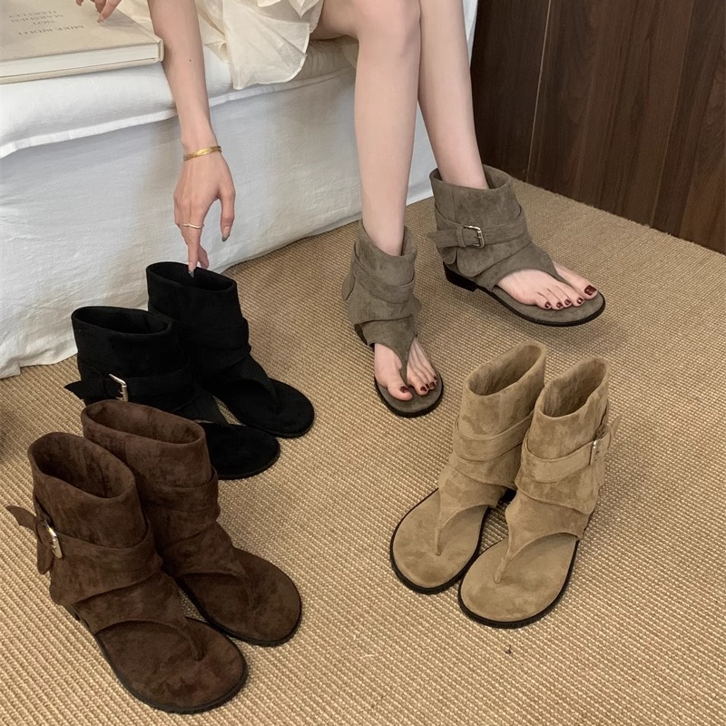 2025 Summer New Retro Style Roman Shoes Sandals High-top Clip Toe Open Toe Low Heel Sandals Outer Wear Single Boots for Women