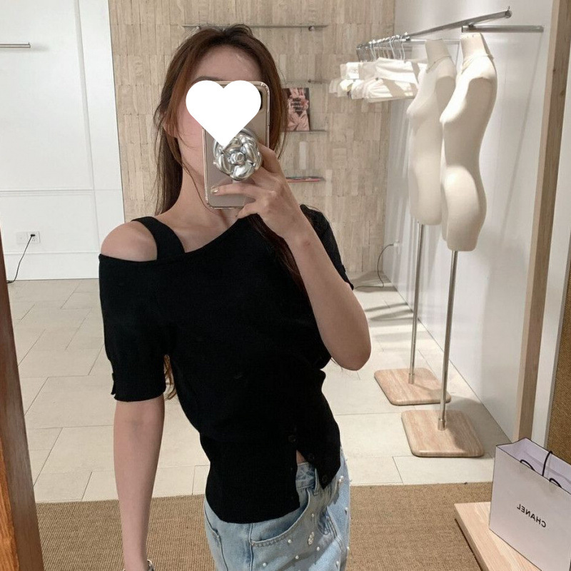 高级感时尚气质韩系氛围感下摆开衩设计露肩小衫女装毛织针织衫|undefined