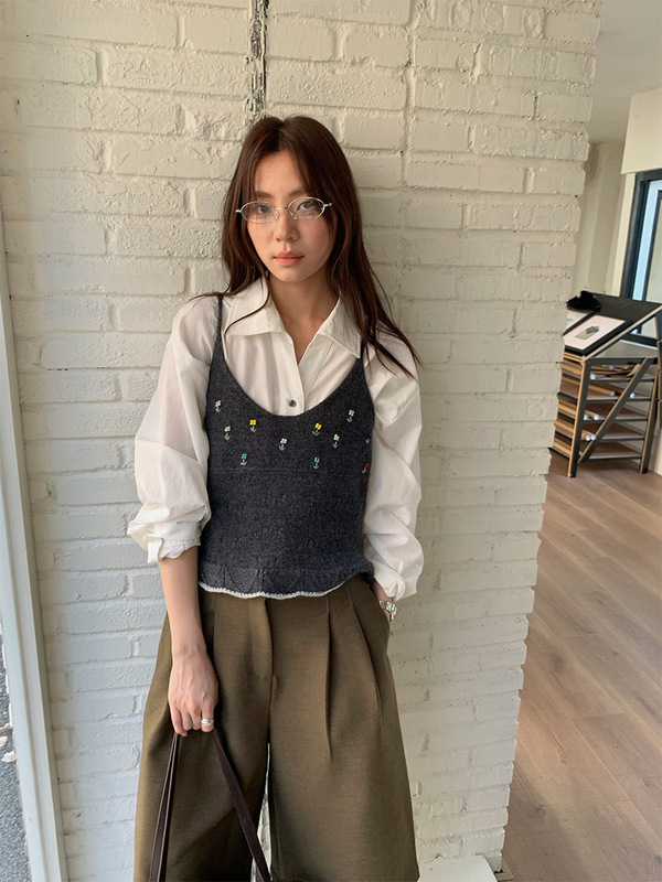 苏奈 全羊毛韩系甜美小花针织吊带背心女秋显瘦叠穿上衣tableblue|undefined