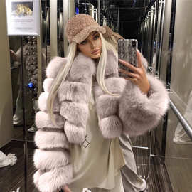 欧美皮草外套短款带领仿皮草外套仿狐狸毛长袖拼接女外套