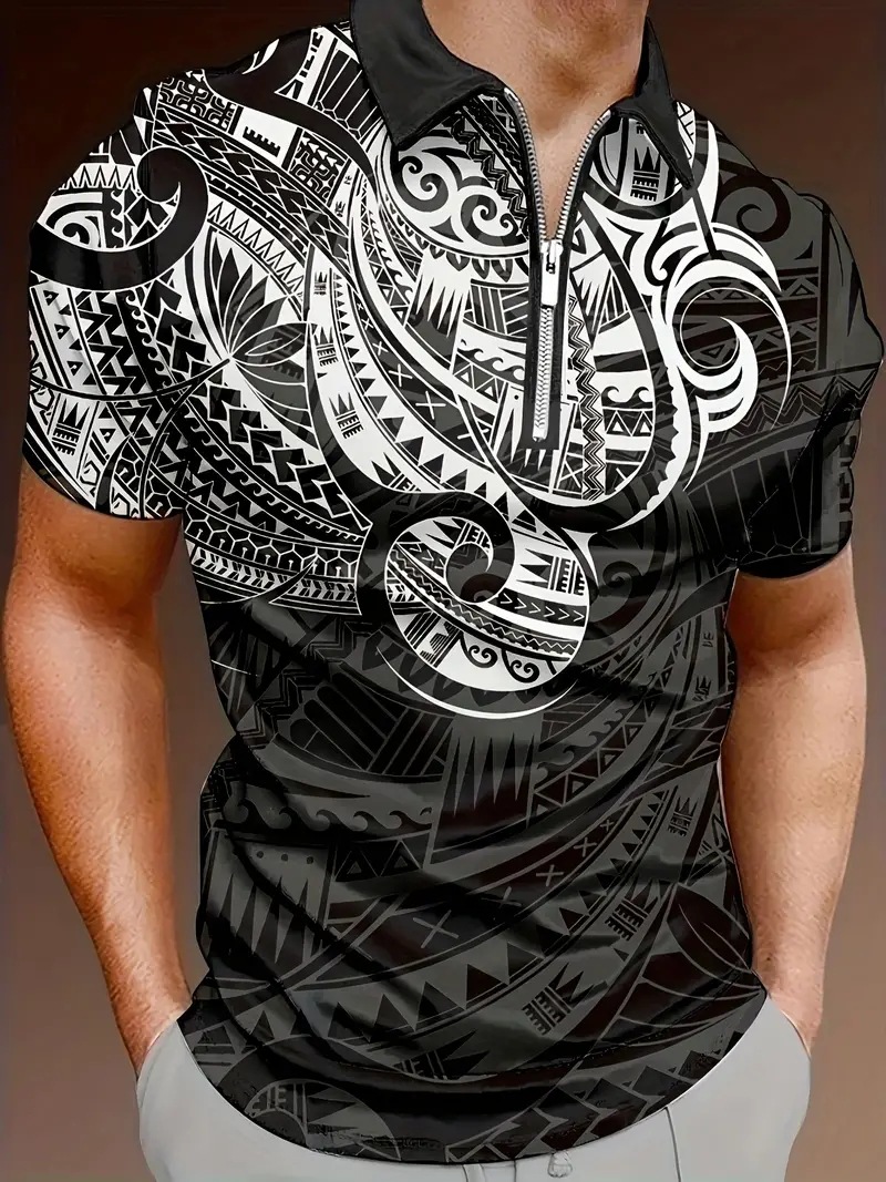 Patrón visual abstracto 3D impresión digital para hombres negocios calle salvaje solapa suelta camisa POLO con cremallera transpirable