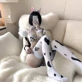 可爱奶牛猫过膝丝袜长筒奶白色斑点袜高帮美腿丝袜白丝二次元cos