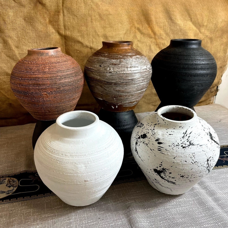 Chinese Vase, Retro Handmade Ornaments, Large Diameter Flower Arrangement, Dried Flowers, Stoneware Pot, Hydroponic Flower Device, Wabi-Sabi Style Vase