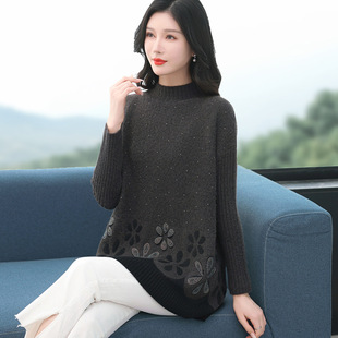 2024 Mom Autumn and Winter Base Shirt Long Sleeve Mid-length Plus Size Large Size Middle-aged Sweater Women's Knitted Pullover