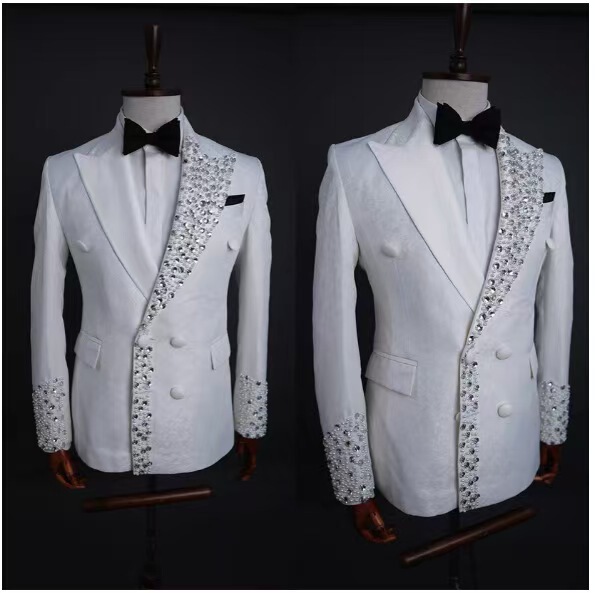 African Men's Wedding Dress Tuxedo New Modern Crystal Suit Round Neck Single Breasted Shiny Diamond Sport