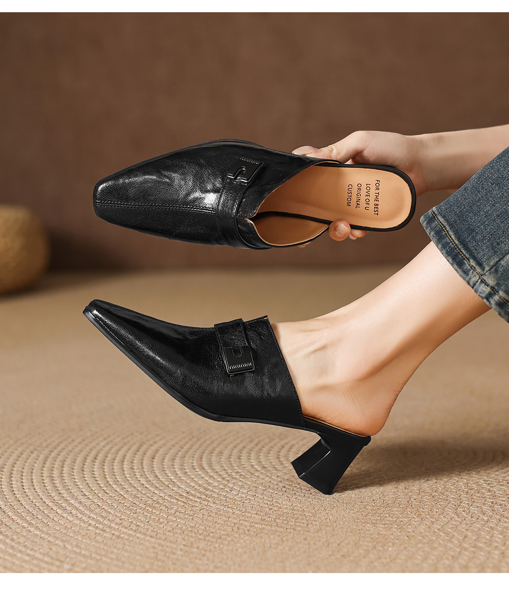 Dép sandal cao gót nữ mũi nhọn quai ngang da dê gót thô 5 cm — đen chi tiết 6