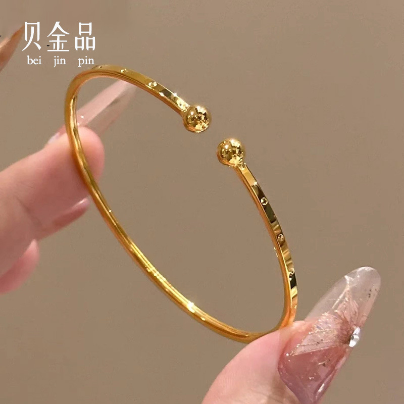 Gold Ultra-Fine Aperture Bracelet for Women, Gold Bead Bracelet, Pure Gold 999, Smooth Round Bead Engraved Open Bracelet