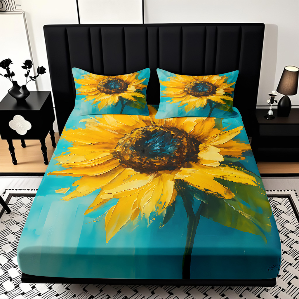 Comercio exterior transfronterizo textil doméstico patrón de girasol impresión digital 3D cama de molienda de tres piezas JIT modelo Temu