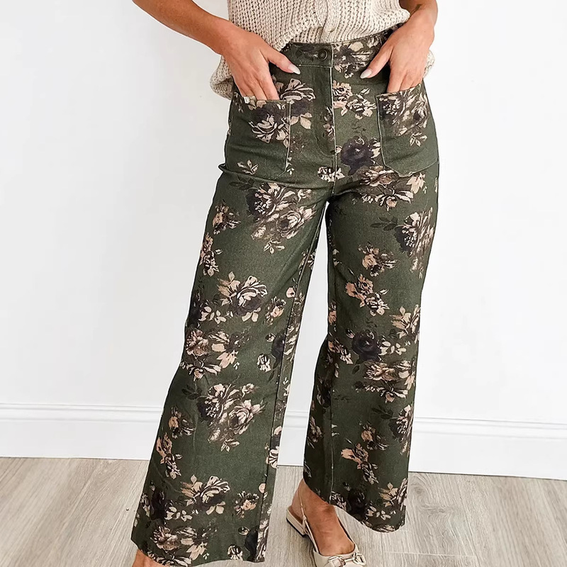 European and American Fashion Retro Floral Print Jeans for Women 2026 Spring New High-Waisted Pocketed Long Pants for Women