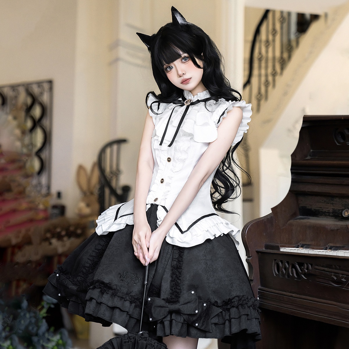 2026 Xiong Doujiang Original Black Cat Lady Lolita Women's Lolita Top and Skirt Cute Set 7221