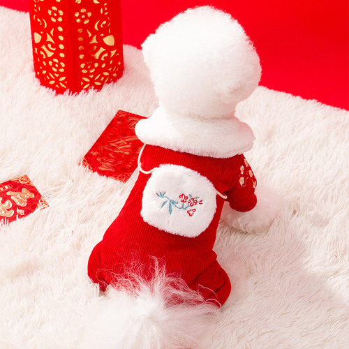 Autumn and winter dog strawberry doll collar embroidered New Year four-legged Tang suit cat warm thickened cotton coat pet clothes