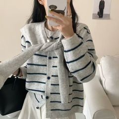 韩版2025秋冬新款宽松慵懒风条纹针织开衫女设计感小众毛衣外套潮