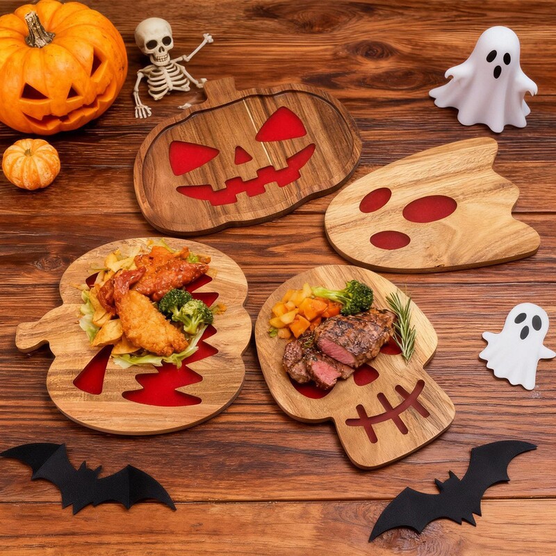 Wooden Christmas Dinner Plate Set, Pumpkin Ghost Skull Dinner Plates, Customizable Logo Acacia Wood Cutting Board Wooden Christmas Dinner Plate Set, Pumpkin Ghost Skull Dinner Plates, Customizable Logo Acacia Wood Cutting Board