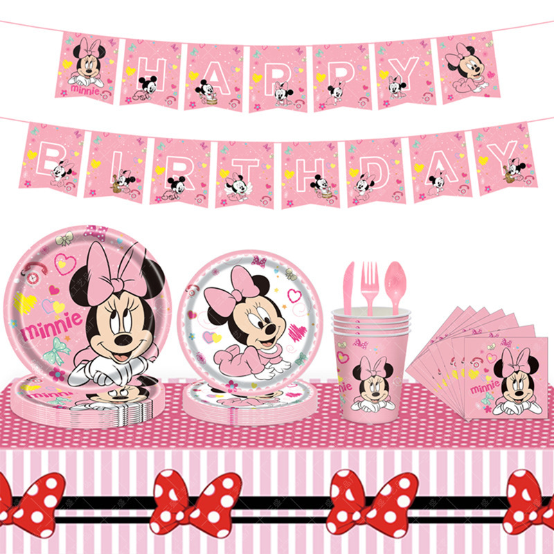 Minnie Mouse Cartoon-Themed Children's Birthday Party Tableware Set Disposable Paper Plates Tablecloth Flag Minnie Mouse Cartoon-Themed Children's Birthday Party Tableware Set Disposable Paper Plates Tablecloth Flag