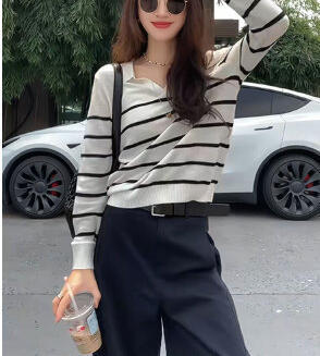 藏青色条纹polo领长袖针织衫女早秋季设计感小众翻领宽松显瘦上衣|undefined