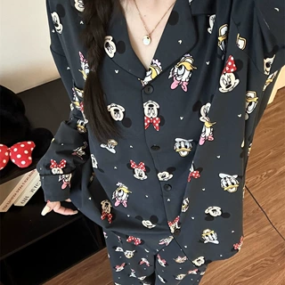 可爱卡通唐老鸭印花睡衣女早秋季新款大码亲肤长袖长裤家居服套装