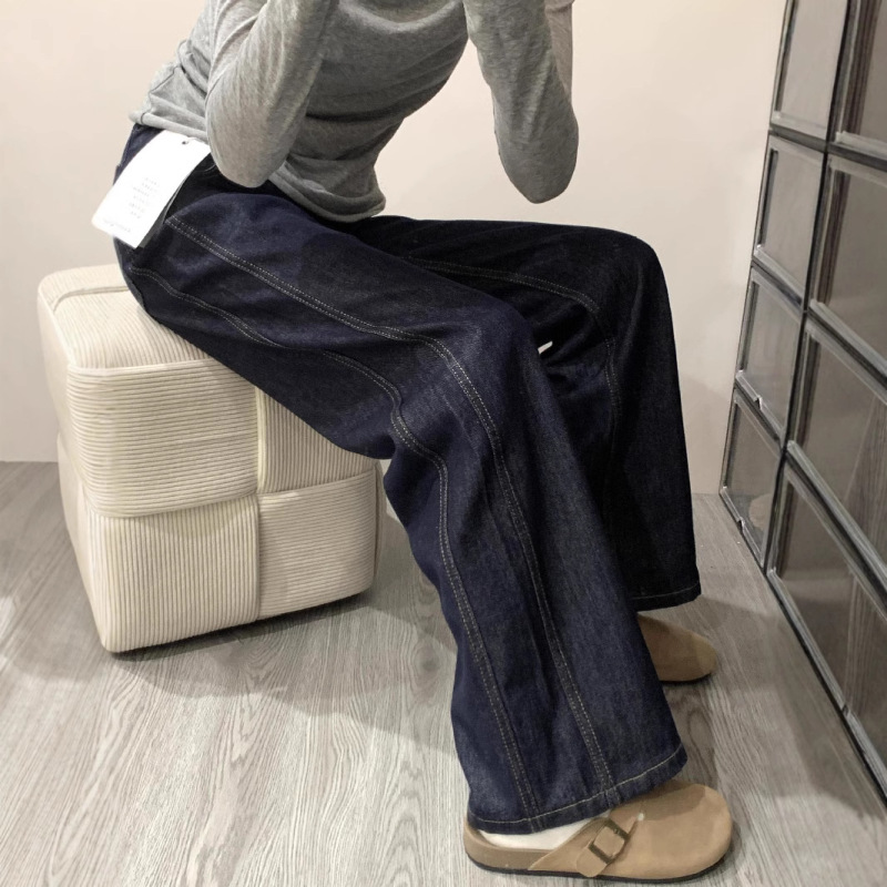 dark blue Retro Jeans Women's Spring New Slim Look Straight plus size American Style Wide Leg Pants Loose dark blue Retro Jeans Women's Spring New Slim Look Straight plus size American Style Wide Leg Pants Loose