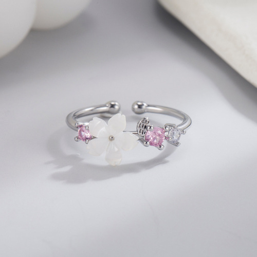 Shell cherry blossom temperament ring for women niche design small fresh diamond inlaid simple Korean version sweet forest style hipster fashion