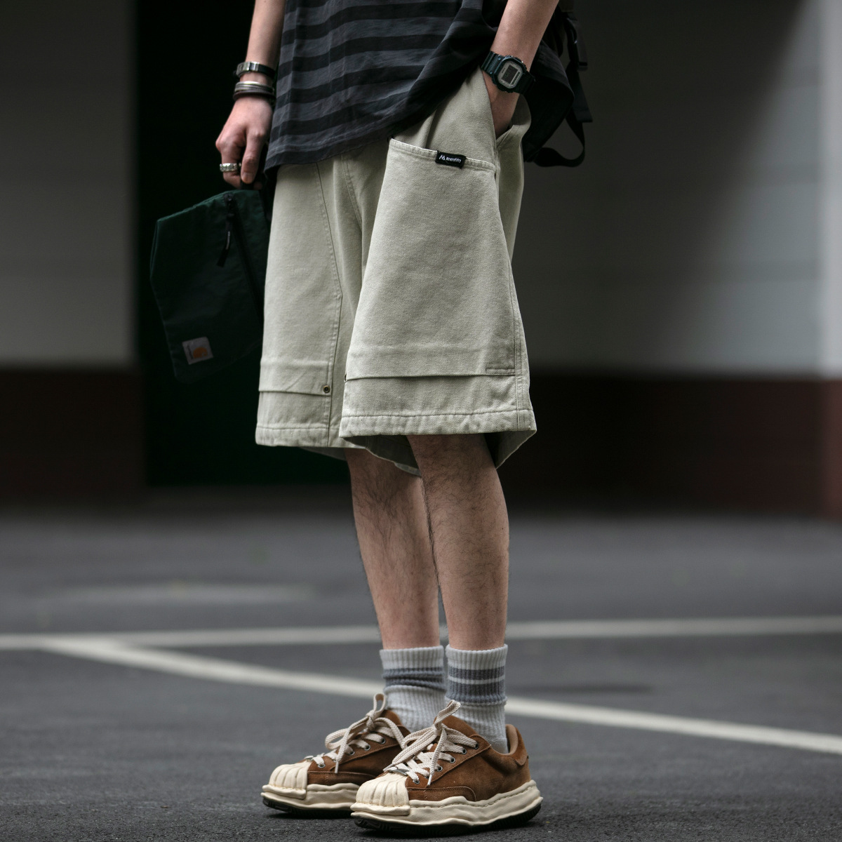 Japanese-Style Trendy Heavy-Washed Snowflake Work Shorts for Men, Summer New Loose Pocket Pure Cotton Knee-Length Shorts