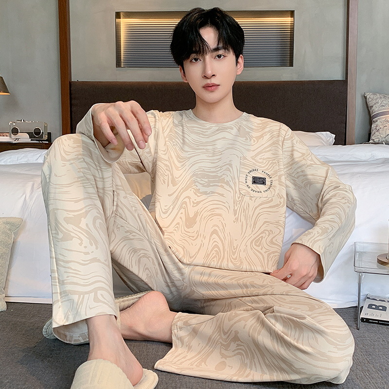 Pijama de algodón masculino primavera y otoño rayas cómodo color sólido delgado casual suelto pantalones largos de mangas largas set de ropa para el hogar