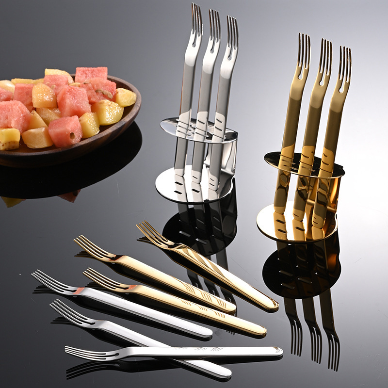 316 Stainless Steel Fruit Fork Set Cross-Border Golden Household Small Fork 5-Pack Cake Dessert Fork Storage Rack Gift
