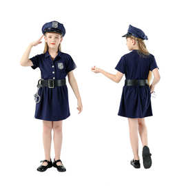 新款万圣节cosplay六一儿童节亲子职业体验服蓝色纽扣女警连衣裙