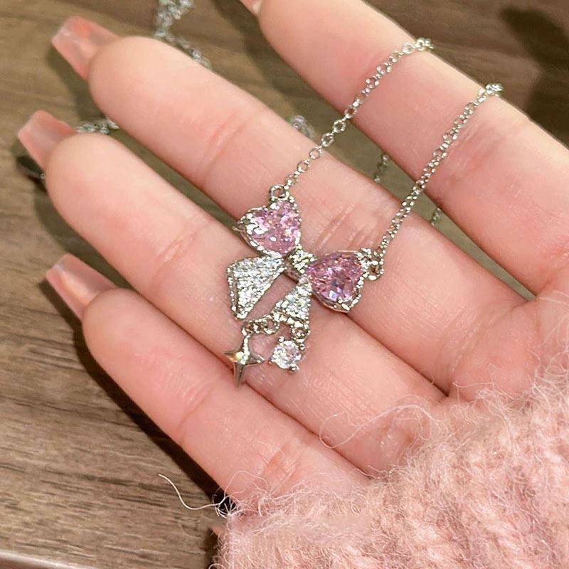  Bow Pendant Necklace, Pink Crystal Bow, Universal Chain for Bag or Keys, Light Luxury Style