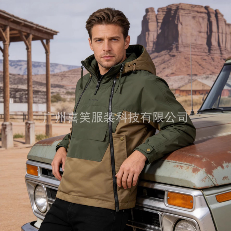 2026 New Men's Hooded Work Jacket Outdoor Windproof Warm Multi-Pocket Color-Blocking Casual Fashion Coat