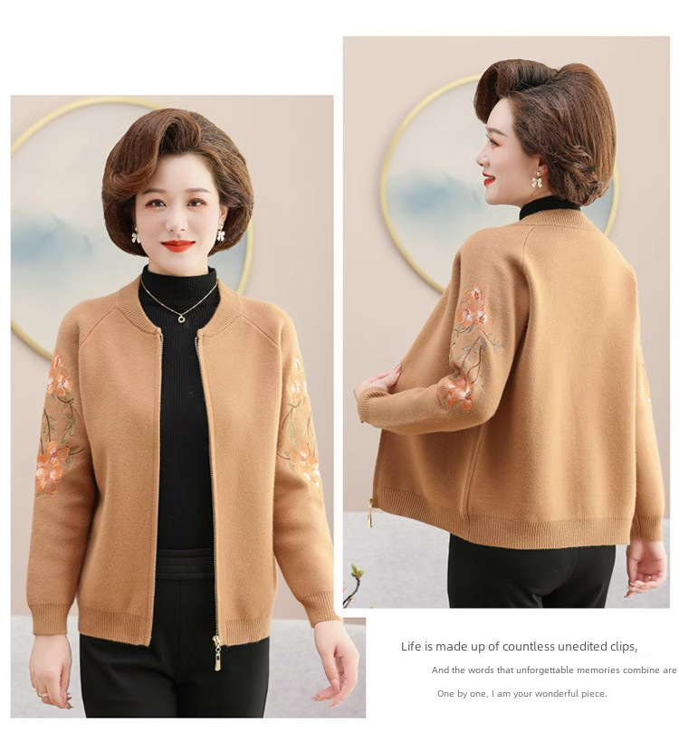 Mom's autumn wool sweater coat middle-aged women's spring and autumn short cardigan small middle-aged and elderly clothes embroidered