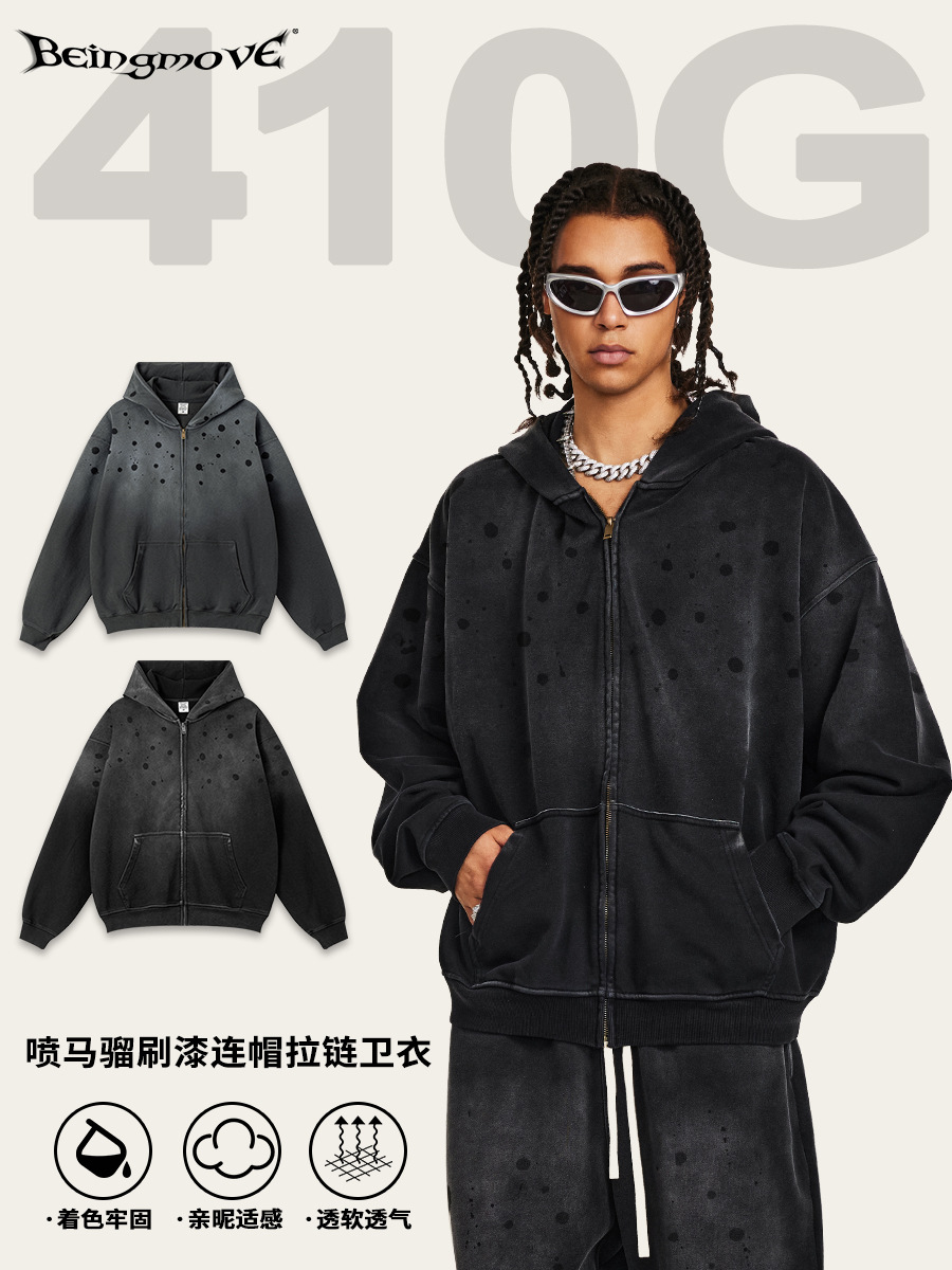 Impresora de marcas| 2025 otoño y invierno retro pintado con cremallera camiseta con capuz cardigan pesado camiseta de anillo para hombre