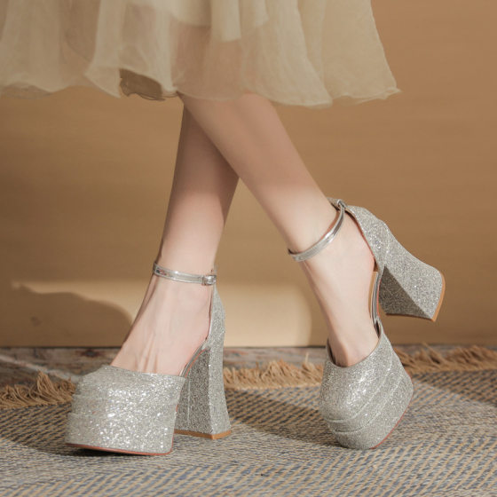Jin Gang MY12006 Square Head Thick Heeled Hollow Double Layer Waterproof Platform Super High Heeled Shoes Women's 2024 Wedding Shoes Bridal Shoes