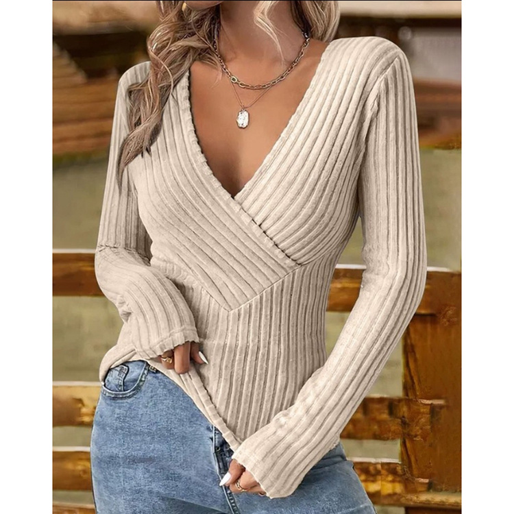 Amazon European and American New 2023 autumn intellectual style elegant pullover v-neck slim-fit long sleeve bottoming shirt for women