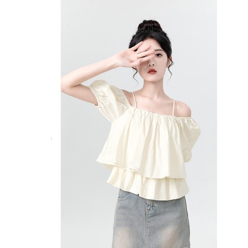 Apricot One-Shoulder Straps Bubble Sleeve Girls' Summer 2025 Unique Square Collar Short-Sleeve Shirt Short Top