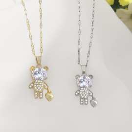 时尚高级感女配饰不锈钢爱心小熊吊坠项链轻奢百搭小众饰品链条