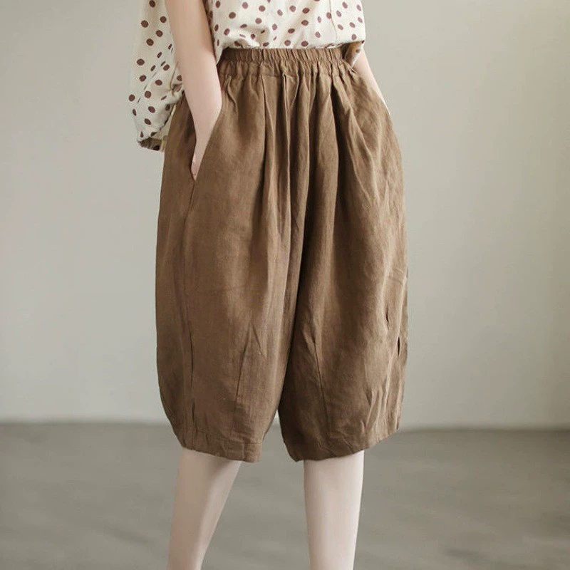 Retro trousers, (Physicals), cotton and linen, elastic waist, plus size